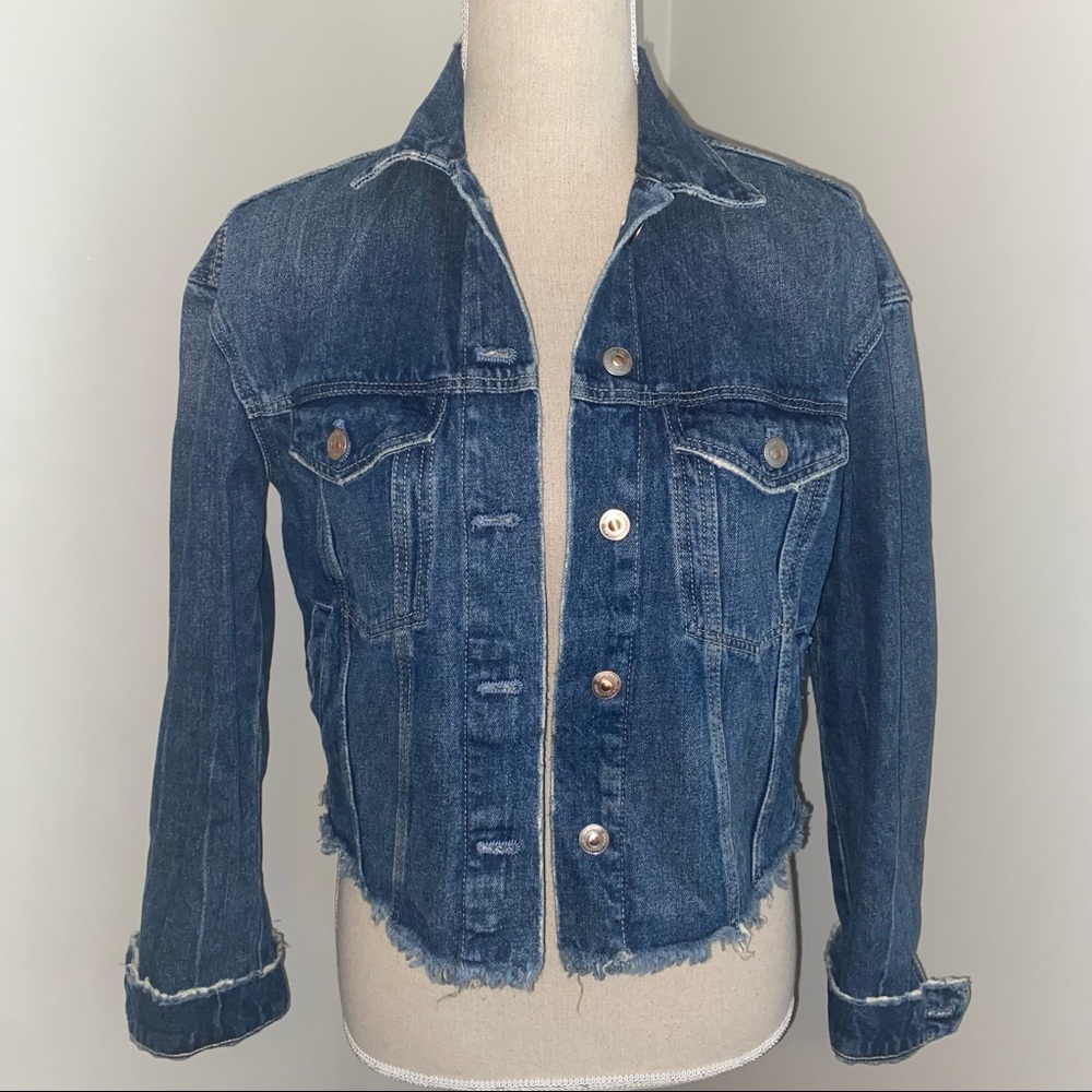 Zara Trafaluc distressed raw hem cropped denim jean jacket size XS